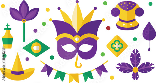 Mardi gras masks symbols and decorations in purple green and gold on white background