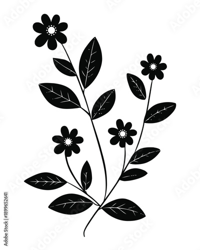 Elegant wildflower branch arrangement with multiple blossoms and detailed leaf stems vector silhouette, isolated on white background