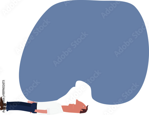 Cartoon man in blue pants white shirt lying flat under large blue abstract shape overhead humorous surreal scene isolated on white ideal for funny art concept illustration vector clipart designs.
