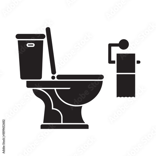 Simple black silhouette icon depicting a toilet with a roll of paper