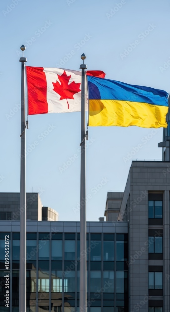 Fototapeta premium Canada and Ukraine Flags Waving Together in Solidarity.