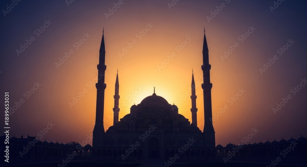 Obraz premium Silhouette of a grand mosque against a sunset, creating a dramatic, symmetrical scene