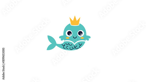 Adorable little teal mermaid fish character wearing a gold crown and smiling on a plain white background surface.