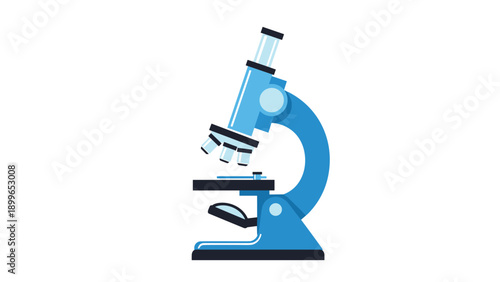 Detailed laboratory microscope in various shades of blue used for scientific research and medical analysis work.