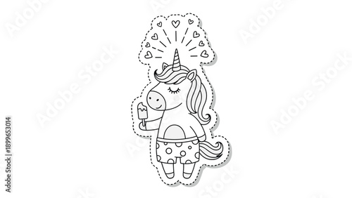 Adorable line art unicorn sticker character holding a small ice cream bar with floating hearts above its head.