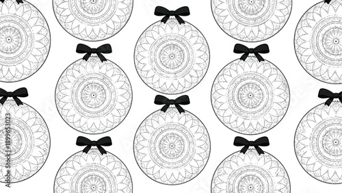Seamless pattern of white christmas baubles decorated with intricate mandala designs and black bows on white.