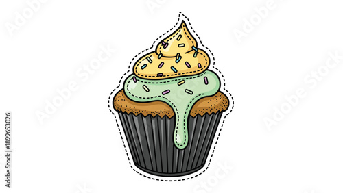 Hand drawn style cupcake sticker with green dripping frosting yellow cream topping and multi colored sprinkles.