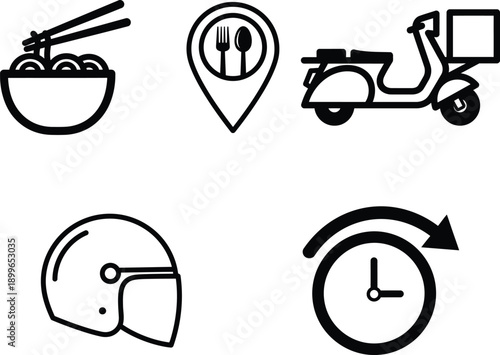 Food delivery icons with scooter helmet and clock
