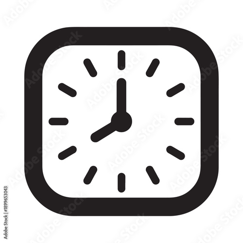 A simple black and white icon depicting a rounded square clock face with hands