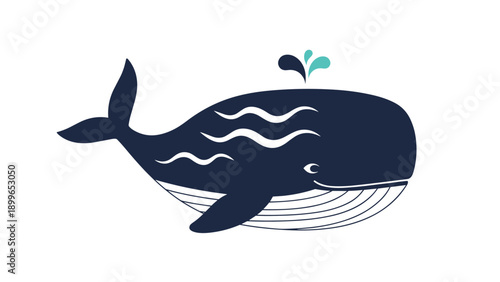 Majestic dark blue whale illustration with water sprouts swimming gracefully in a deep blue ocean scene.