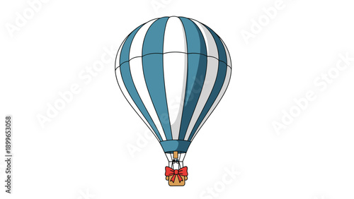 Classic blue and white striped hot air balloon with a brown basket and a red bow floating in the clear sky.