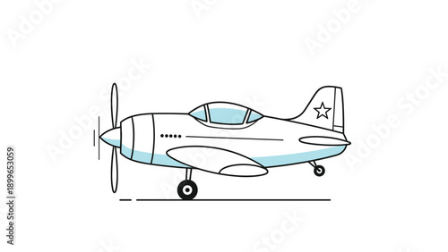 Side view illustration of a classic white propeller airplane with blue details and a white star on its blue tail.