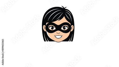 Cartoon head of a smiling girl wearing a black eye mask like a superhero or thief on a plain white background.