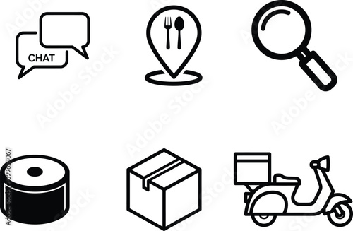 Set of food delivery icons with chat location search and package transport