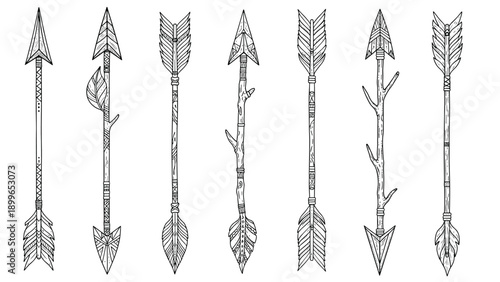 Set of seven intricately decorated monochrome arrows with various patterns feathers and natural wood textures.