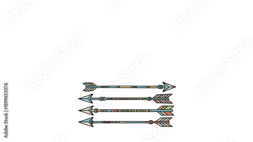 Collection of four colorful tribal arrows with decorative patterns and various unique fletching styles on white.
