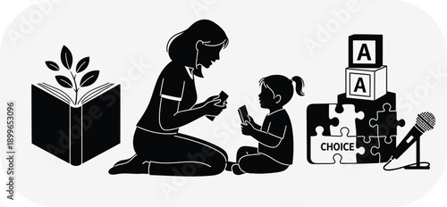 Mother and child engaging in educational activities with books and puzzles