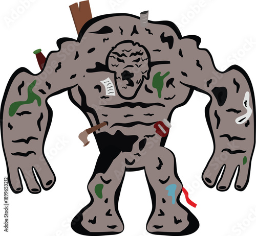 Massive gray rock golem creature branches sticks moss body strong arms legs cartoon fantasy isolated on white great for monster myth giant illustration vector clipart mascot designs.