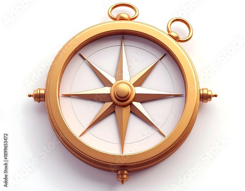 A shiny gold compass with a white face on a plain background