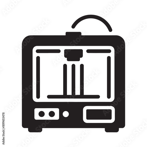 A simple black silhouette illustration of a desktop 3d printer machine
