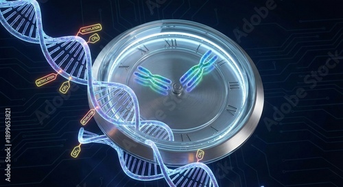 Epigenetic clock concept with DNA methylation markers on clock face representing biological age
