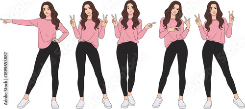 Flat vector illustration set of a beautiful young woman in pink sweater and black leggings with various poses including peace signs and pointing.