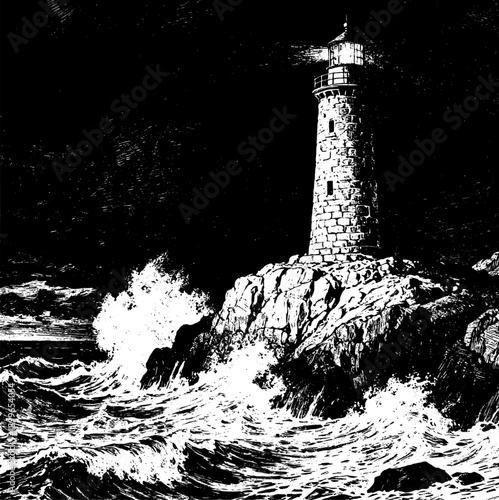 Vintage lighthouse on rocky cliff illustration, antique engraving style for nautical safety concept