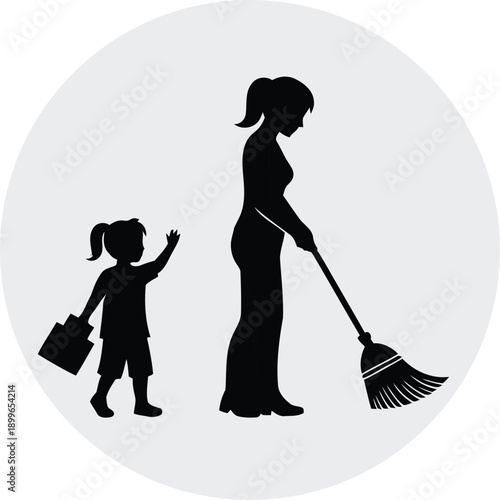Mother and child cleaning silhouette