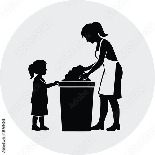 Mother and child disposing of trash together