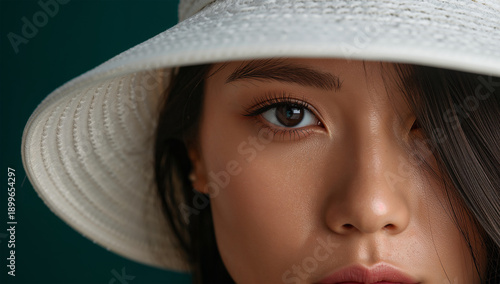 東南アジアの二十代女性を極近接、白バケットの縫製と虹彩を同時に魅せる