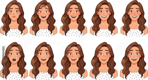 Set of blonde woman characters in maroon dress showing extreme shocked and surprised facial expressions with hands on face and open mouth.