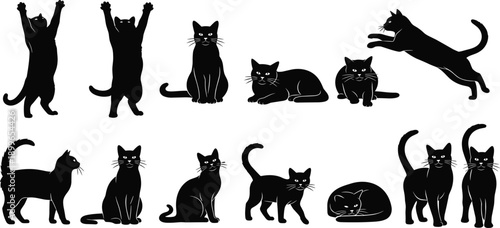 Large collection of black cat silhouettes in various poses including jumping sitting stretching and walking isolated on white background for pet and animal designs