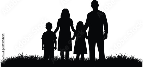 Full body silhouette of a happy family with father mother son and daughter standing together on grass field isolated on white background for nature