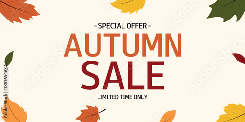 Autumn Sale banner with leaves and text. Limited time only. Special Offer. Template for design, flyer, poster, advertising, online store, shop window, promotion, sell-out.