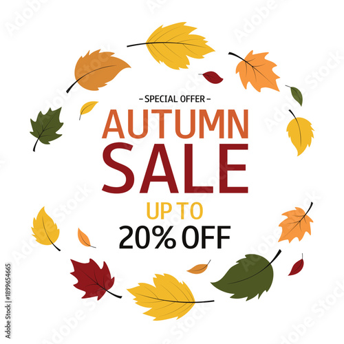 Autumn sale. Colorful leaves wreath and text isolated on white background. Template for design, flyer, poster, advertising, online store, shop window, promotion, sell-out.
