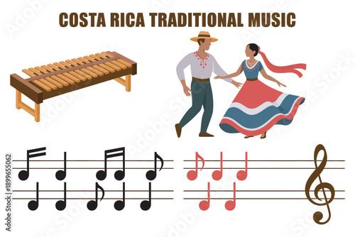 Costa Rica traditional music icon grid, folk instruments collection, textured vector style, marimba, guitar, drums, cultural music symbols, heritage illustration