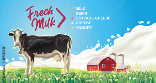 Cow, farm building and a set of dairy products: cheese, milk, yogurt, against the background of а rural landscape. Vector illustration, poster for dairy products.