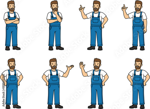 Flat vector illustration set of a bearded repairman character wearing blue overalls and white shirt with various handy poses and gestures.