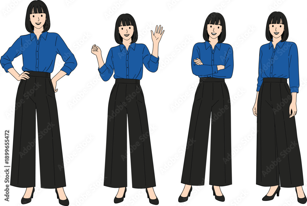 Fototapeta premium Professional business woman character set wearing blue shirt and black wide leg trousers showing confident office poses including waving and crossing arms.