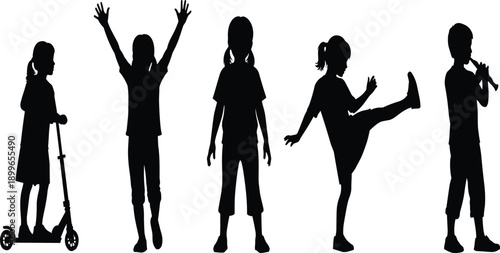 Silhouette collection of five children in various active poses including riding a scooter cheering standing and playing a musical instrument isolated on white background