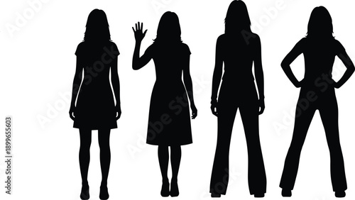 Silhouette collection of four different women standing in various poses including waving hands and confident stances isolated on white background for lifestyle design