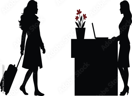Silhouette of a stylish female traveler with suitcase checking into a luxury hotel reception desk with a professional receptionist and laptop in a lobby