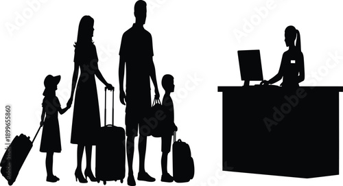 Silhouette of a family with two children and luggage checking in at a hotel reception desk with a professional receptionist and computer monitor