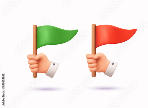 3D illustration of hand holding green and red flags. Approval and rejection symbols, decision making, choice, feedback and evaluation concept.