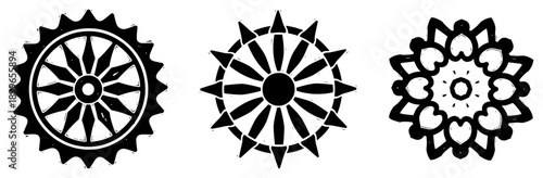 Set of abstract black tribal sun symbols and geometric gear wheels