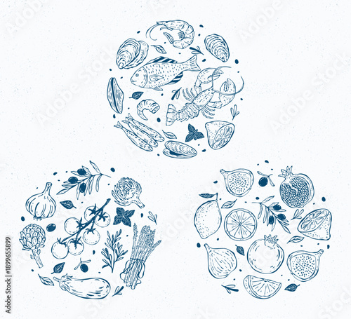 Hand-drawn vector circular compositions inspired by Mediterranean food, featuring seafood, fruits, and vegetables. Perfect for packaging, labels, menus, branding, and restaurant design