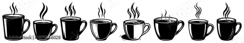 Horizontal border of steaming coffee cups in vintage engraving style
