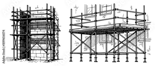 Steel construction scaffolding structure near building wall in vintage sketch style
