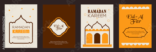 Ramadan Kareem, Eid Mubarak, Eid al Adha, Eid al Fitr set illustration. Islamic ornament with mosque, text, frame, typography, minimal background banner, cover, greeting card, poster, social media.