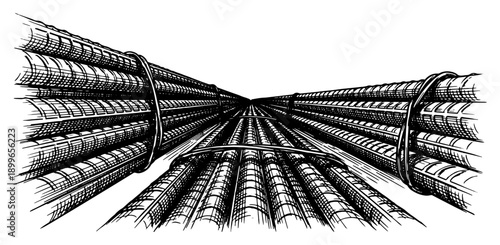 Perspective view of heavy steel rebar bundles for construction in vintage engraving style
